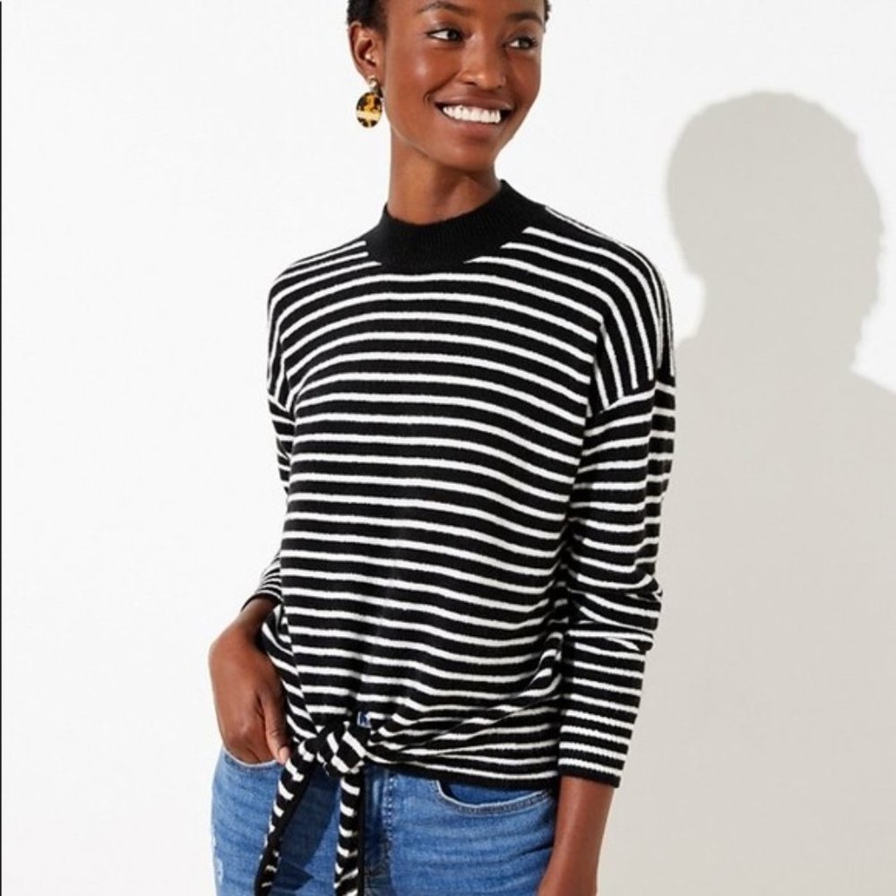 LOFT NWT B&W Striped Tie Front Wool Blend Sweater SZ M